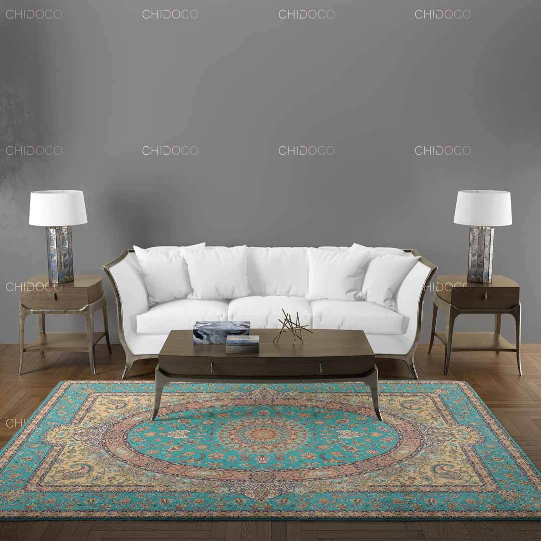  فرش ابریشم فیروزه‌ای 